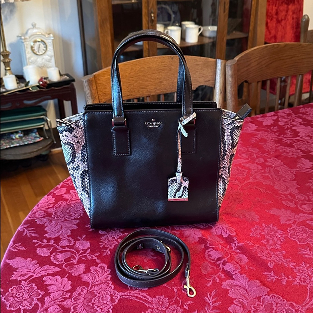 Kate Spade Brown, Cream & Pink Leather & Snakeskin Zip Tote W/Crossbody Strap